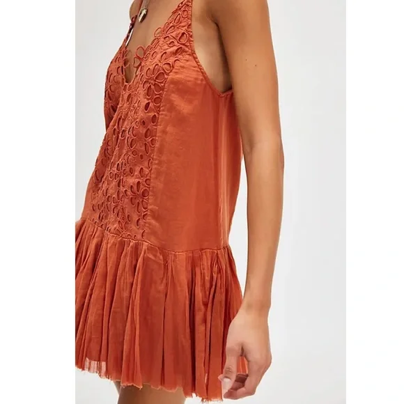 Free People FP One Casella Drop Waist Embroidered Slip Mini Dress in Rust - Picture 2 of 7